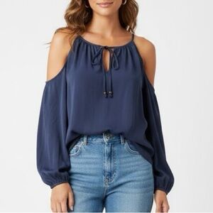 AQUA cold shoulder satin silky BLOUSE TOP blue SMALL long sleeve